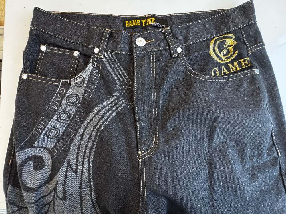 Game Time Vintage Y2K Hip Hop Baggy Embroidered Black Denim Jeans - Picture 3 of 9